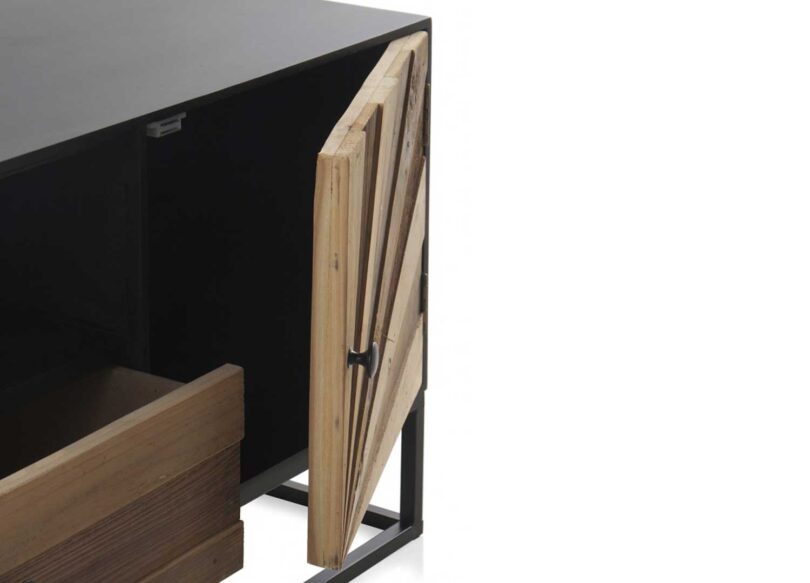 Meuble tv 140cm en bois mdf et bois de sapin naturel cadre noir
