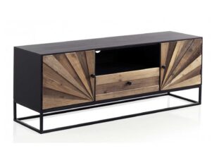 Meuble tv 140cm en bois mdf et bois de sapin naturel cadre noir