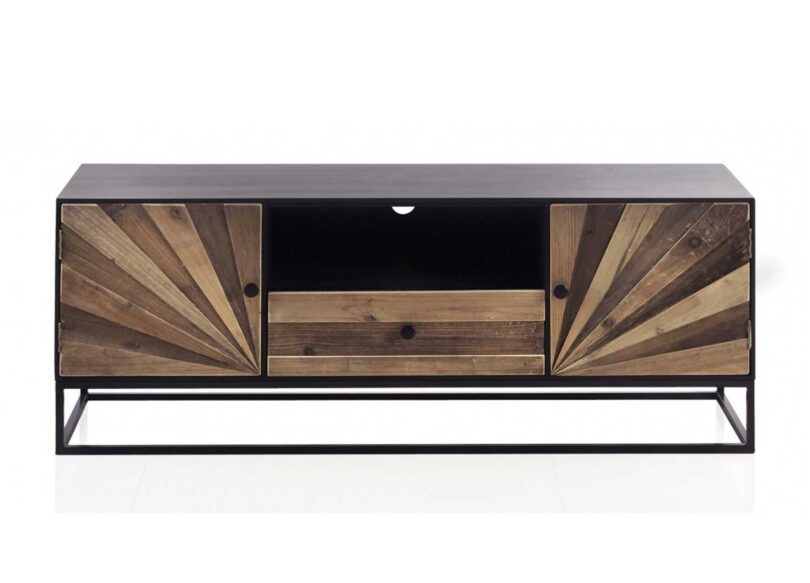 Meuble tv 140cm en bois mdf et bois de sapin naturel cadre noir