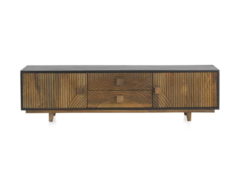Meuble tv en bois massif gris anthracite et bois sculpté en façades