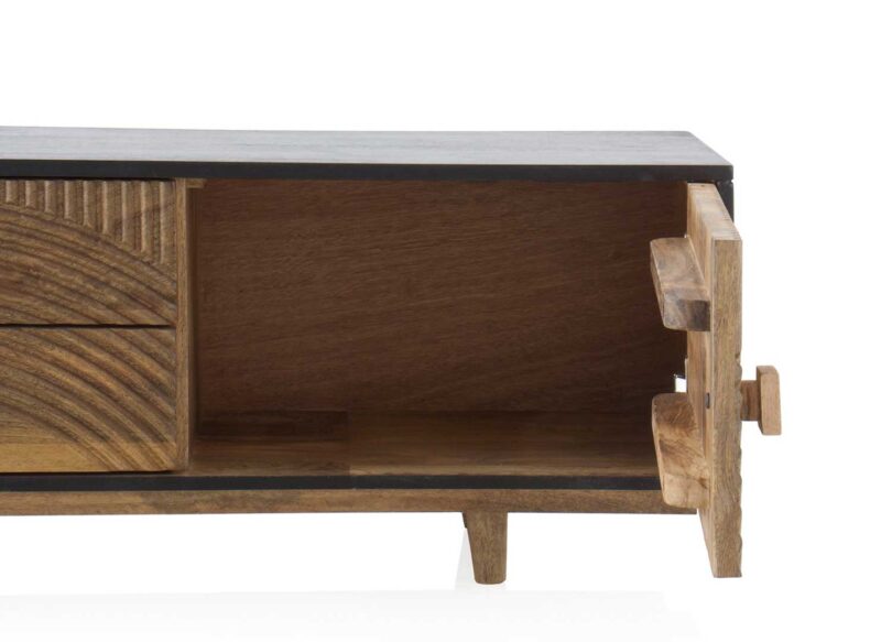 Meuble tv en bois massif gris anthracite et bois sculpté en façades