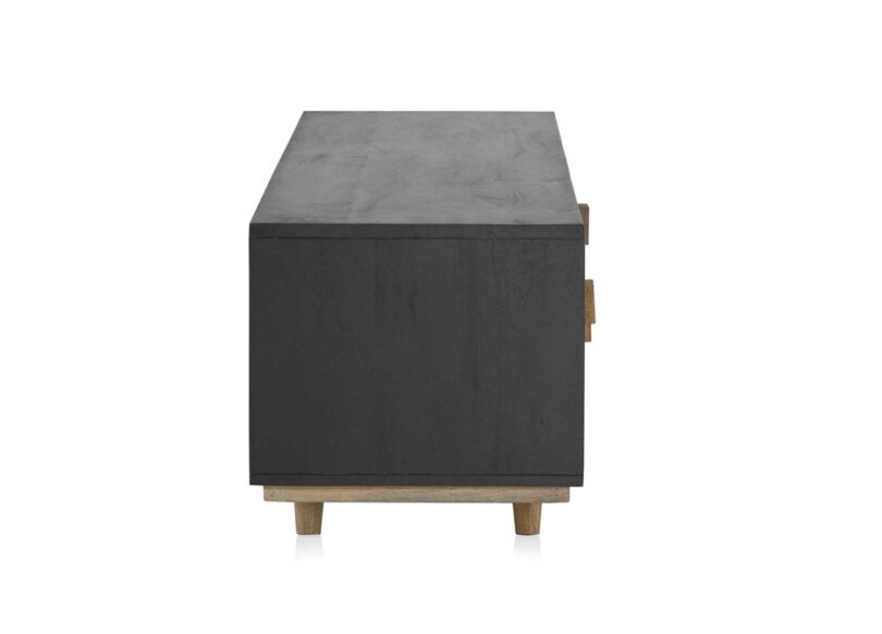 Meuble tv en bois massif gris anthracite et bois sculpté en façades