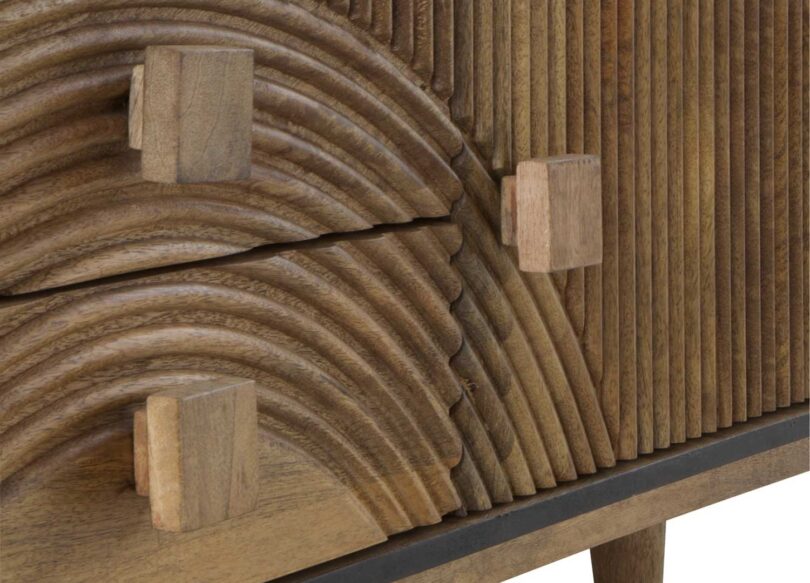 Meuble tv en bois massif gris anthracite et bois sculpté en façades