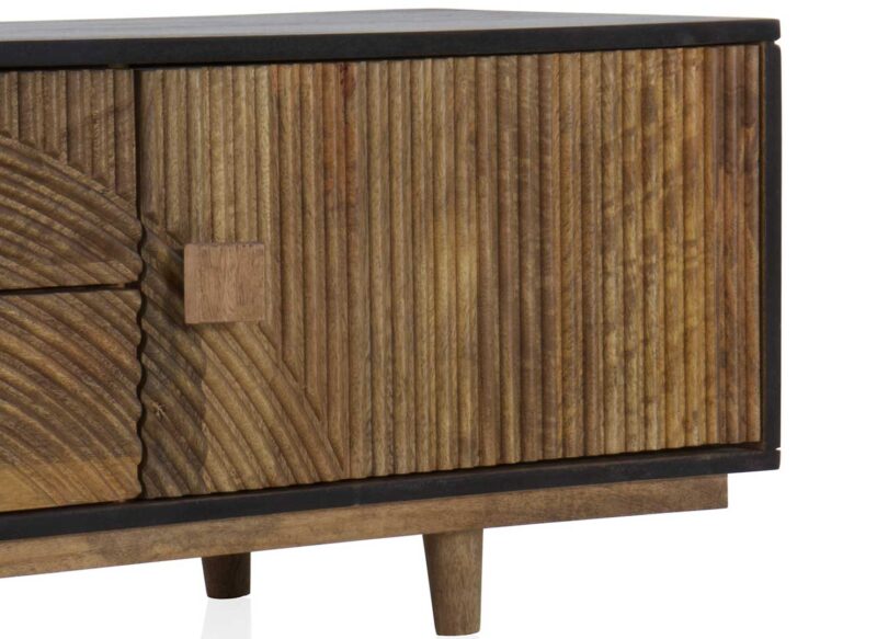Meuble tv en bois massif gris anthracite et bois sculpté en façades