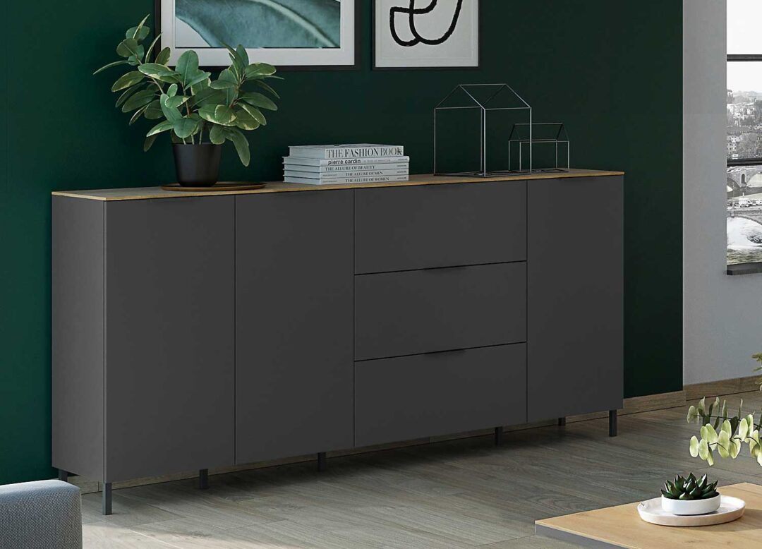 Meuble buffet 3 portes 3 tiroirs aspect gris graphite et chêne navarra moderne