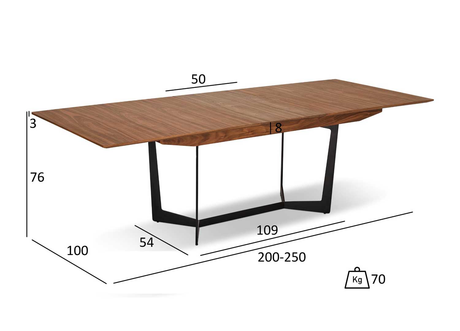 Table à manger aspect bois de noyer de 2m extensible jusqu'à 2m50