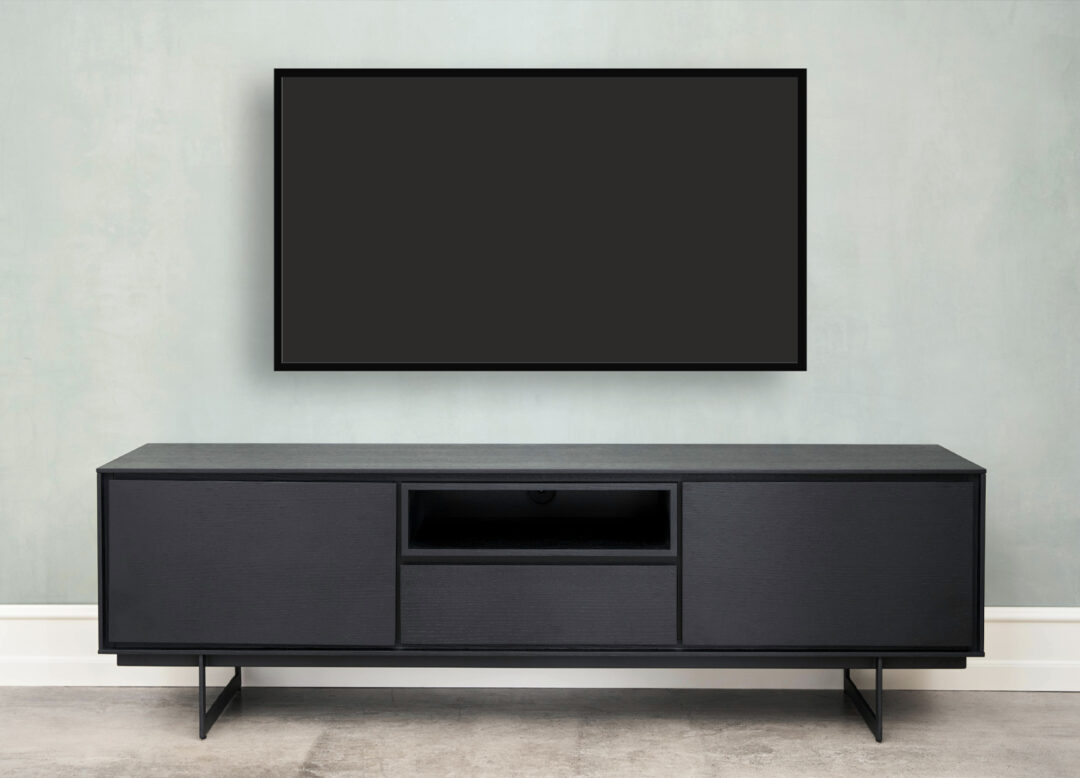 Meuble tv 160cm aspect bois noir et métal noir moderne design