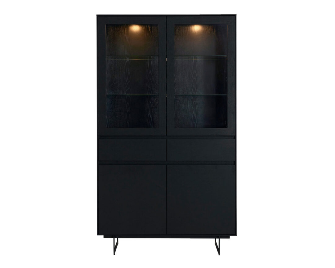 Vitrine haute en bois noir moderne avec étagères en verre et LED