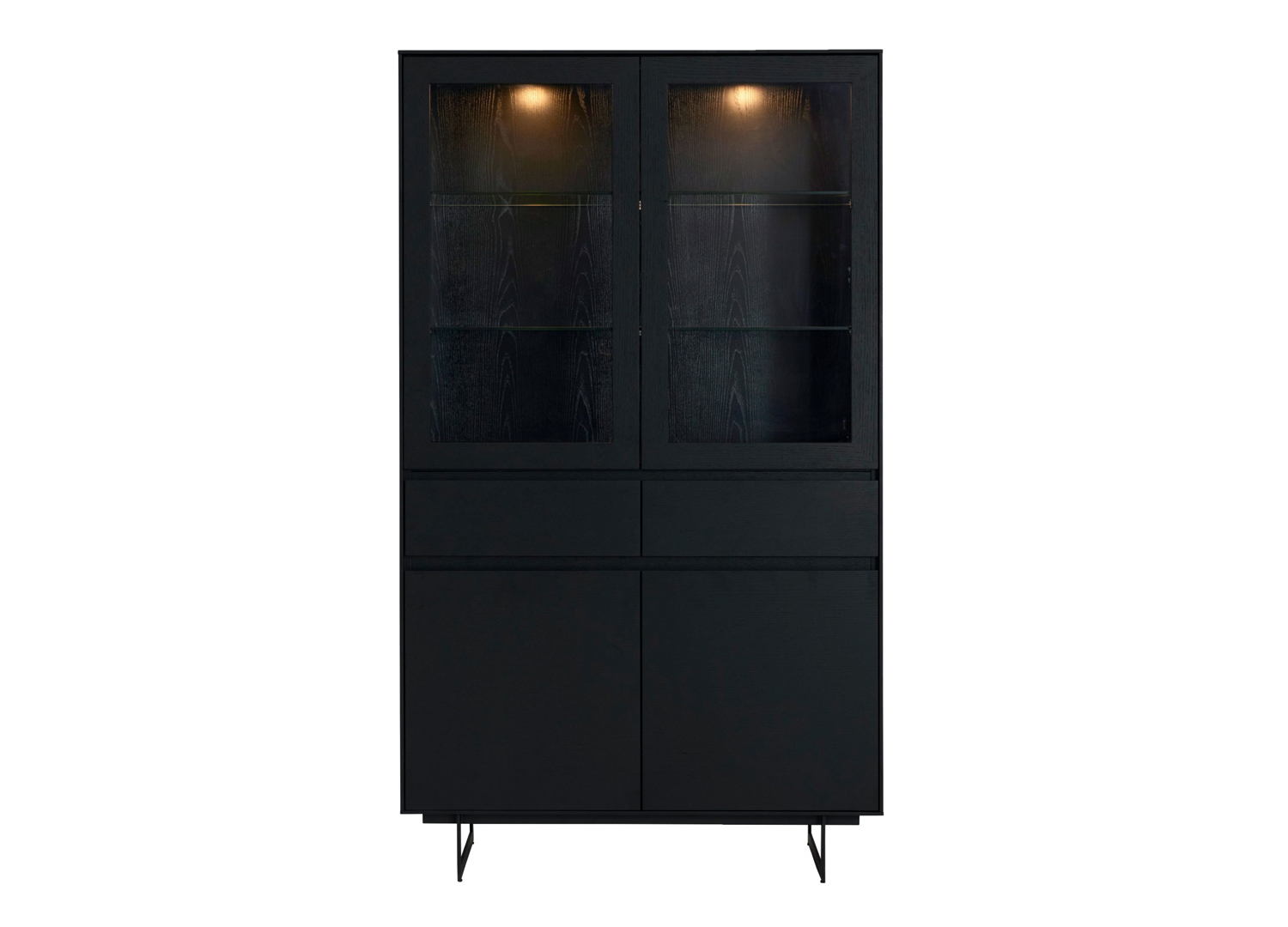 Vitrine haute en bois noir moderne avec étagères en verre et LED