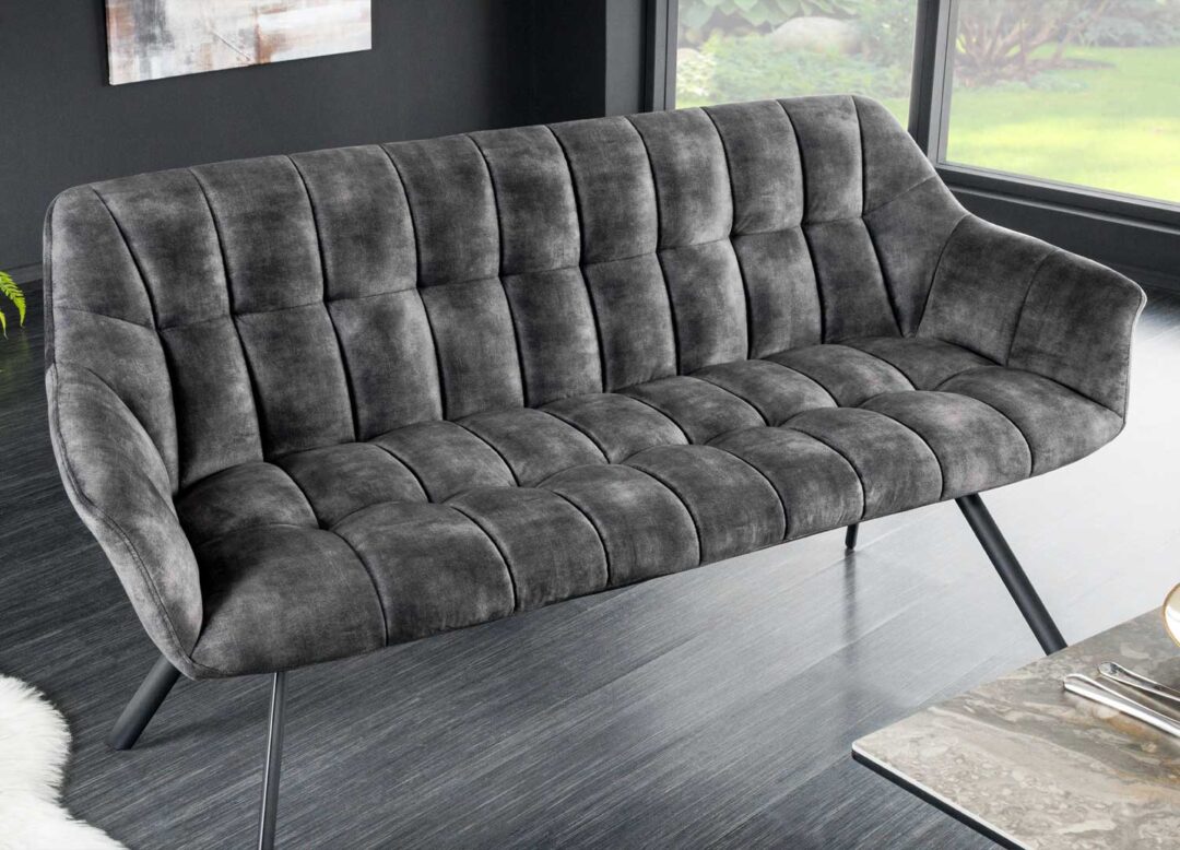 Banquette de séjour en velours gris matelassé de 165cm