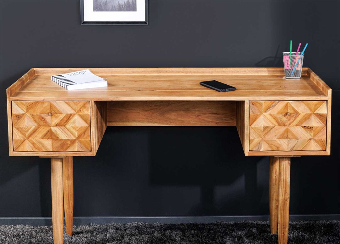 Console 130cm en bois massif d'acacia finition miel avec reliefs en façade naturel