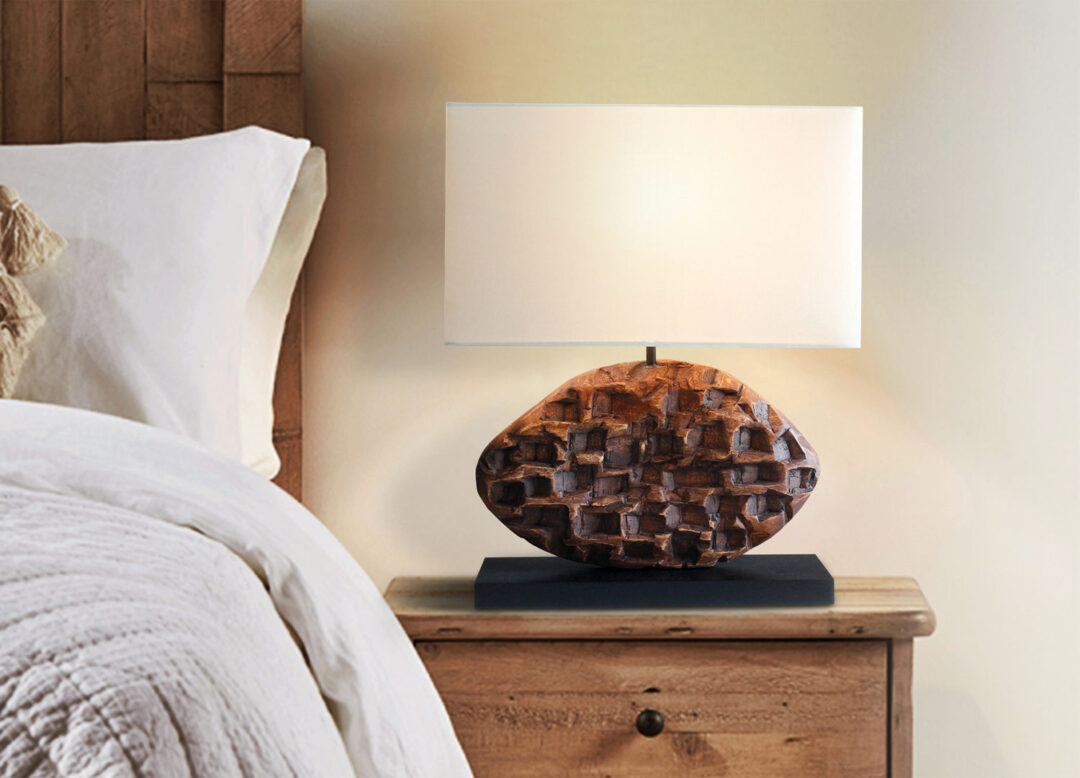 Lampe de chevet en bois d'acacia sculpté naturel