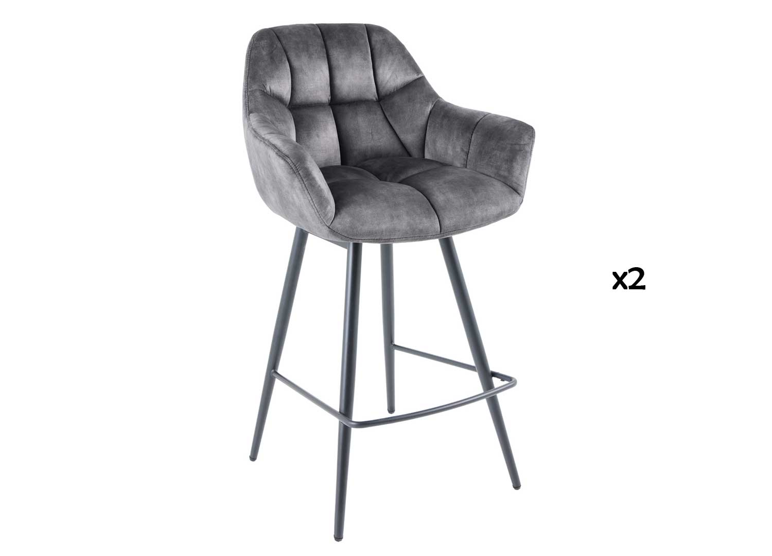 Lot de deux chaises de bar en velours gris matelassé avec fonction rotative
