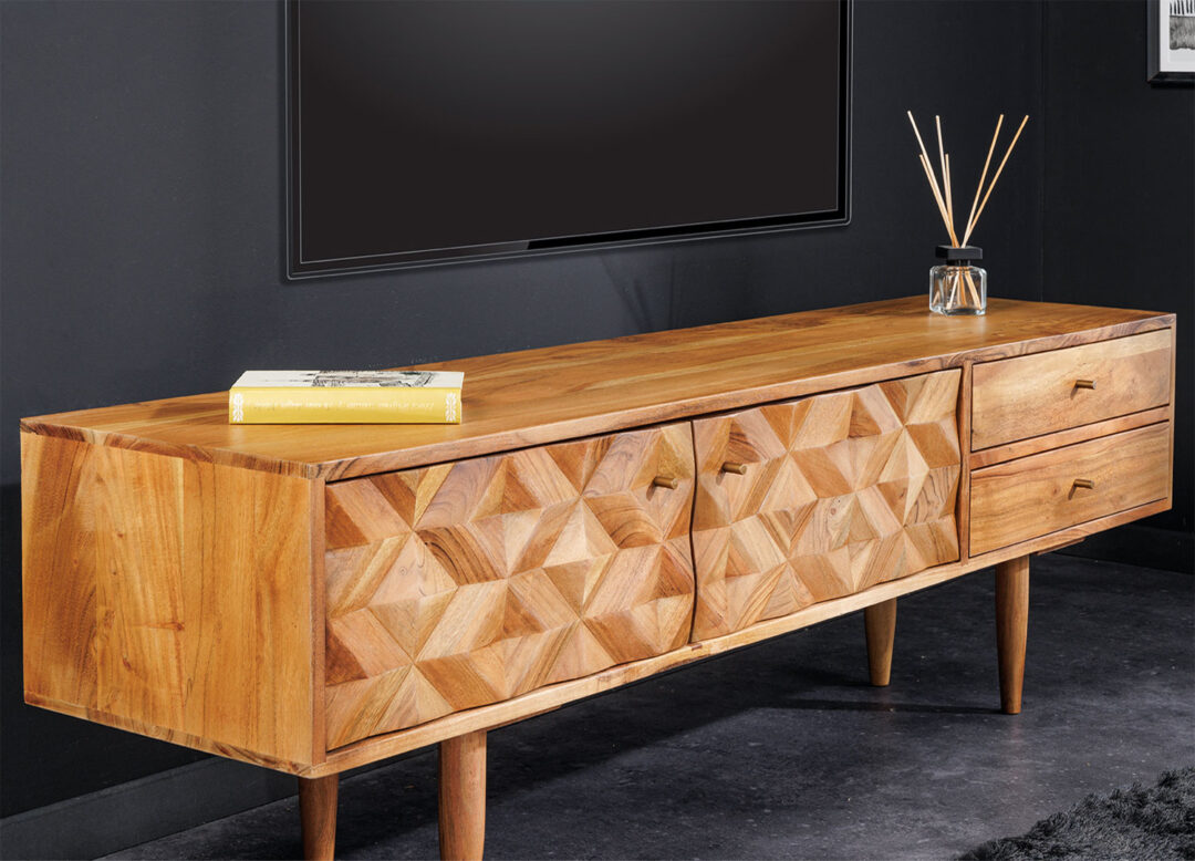 Meuble tv 145cm en bois d'acacia finition miel naturel
