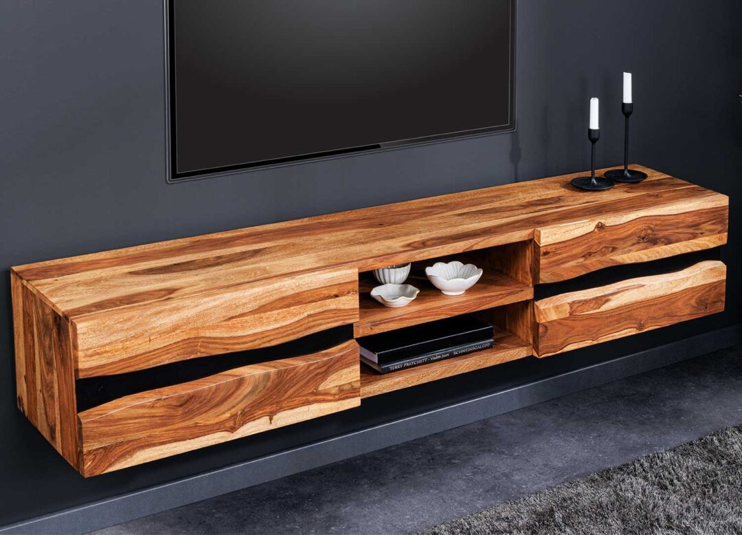 Meuble tv 160cm en bois de sesham suspendu naturel