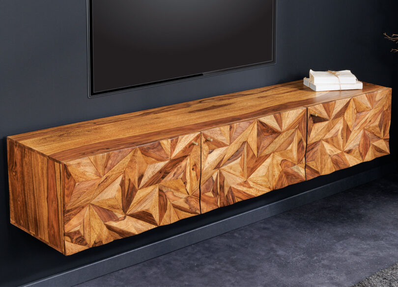 Meuble TV Suspendu En Bois Massif - Longueur 200cm - Charge 200kg - Blanc-Marron - Pour TV Jusqu'à 240cm