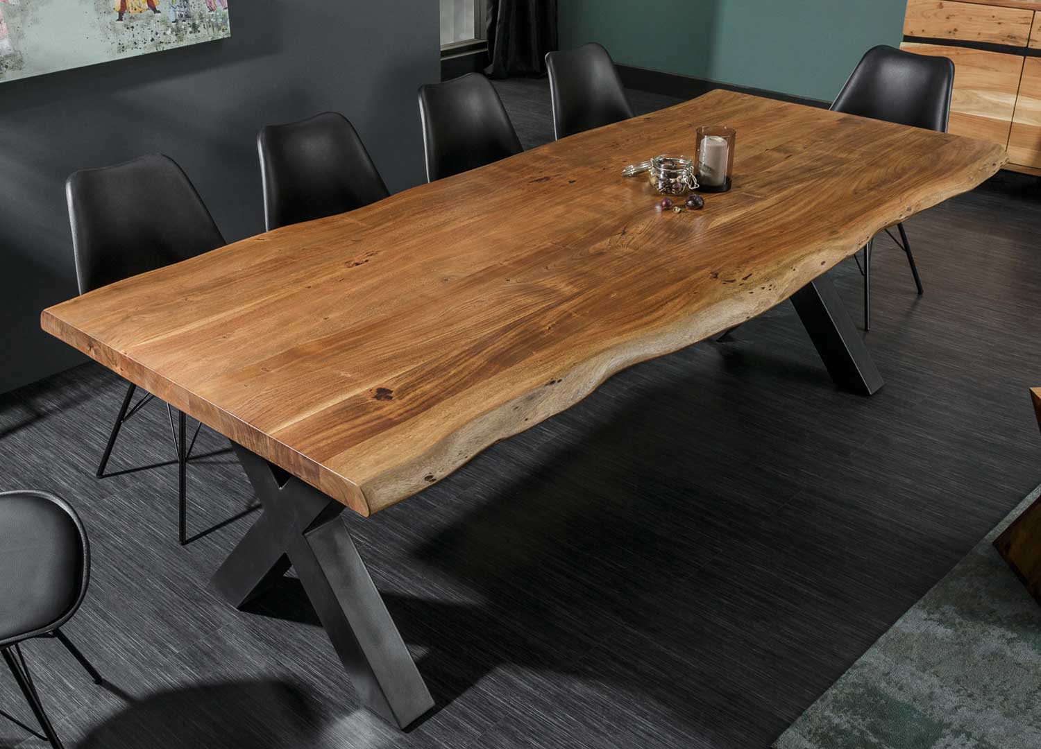 Table à manger 200cm en bois d'acacia massif avec piétement robuste en métal noir