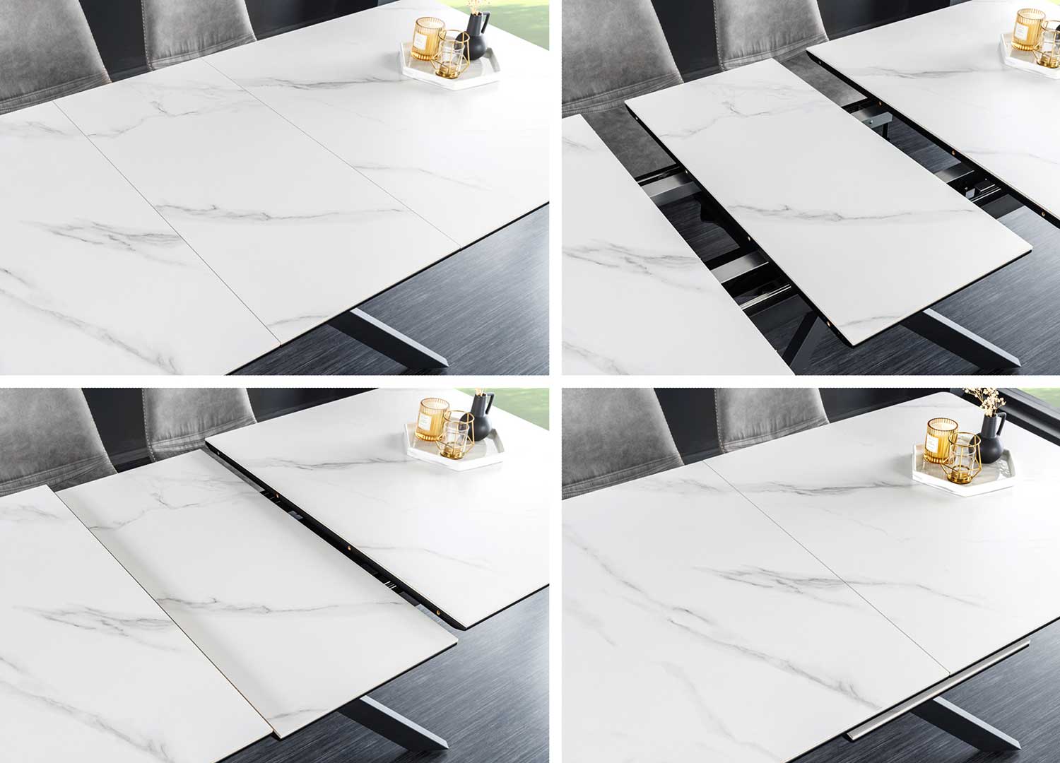 Table à manger extensible en céramique aspect marbre blanc moderne 160-200cm