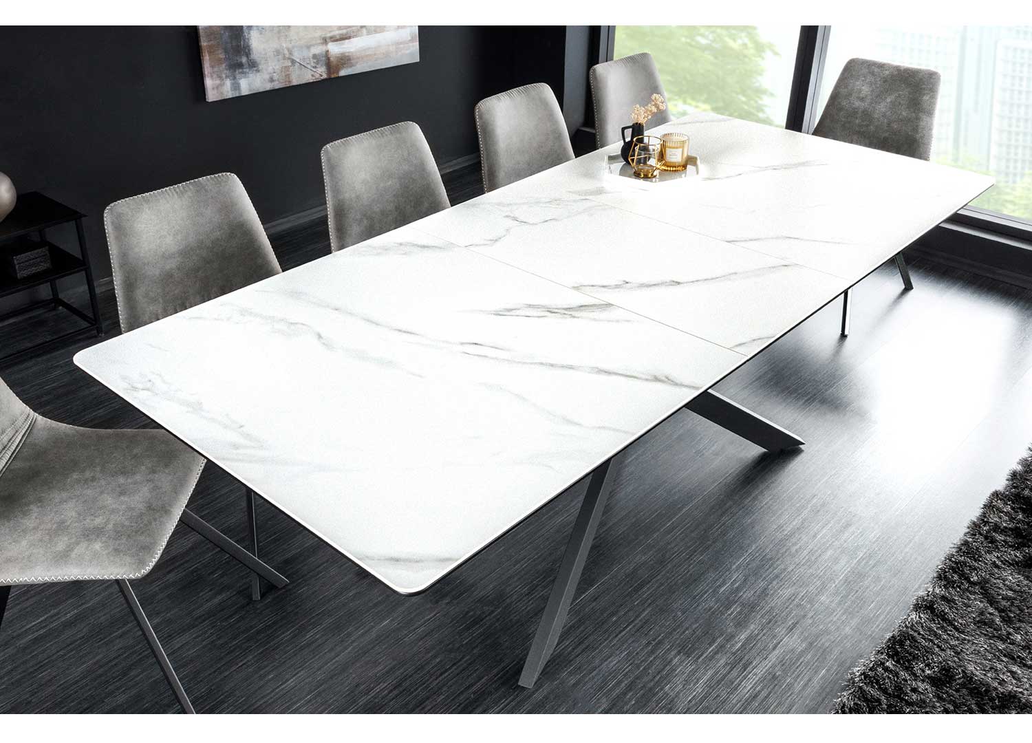 Table à manger extensible en céramique aspect marbre blanc moderne 160-200cm