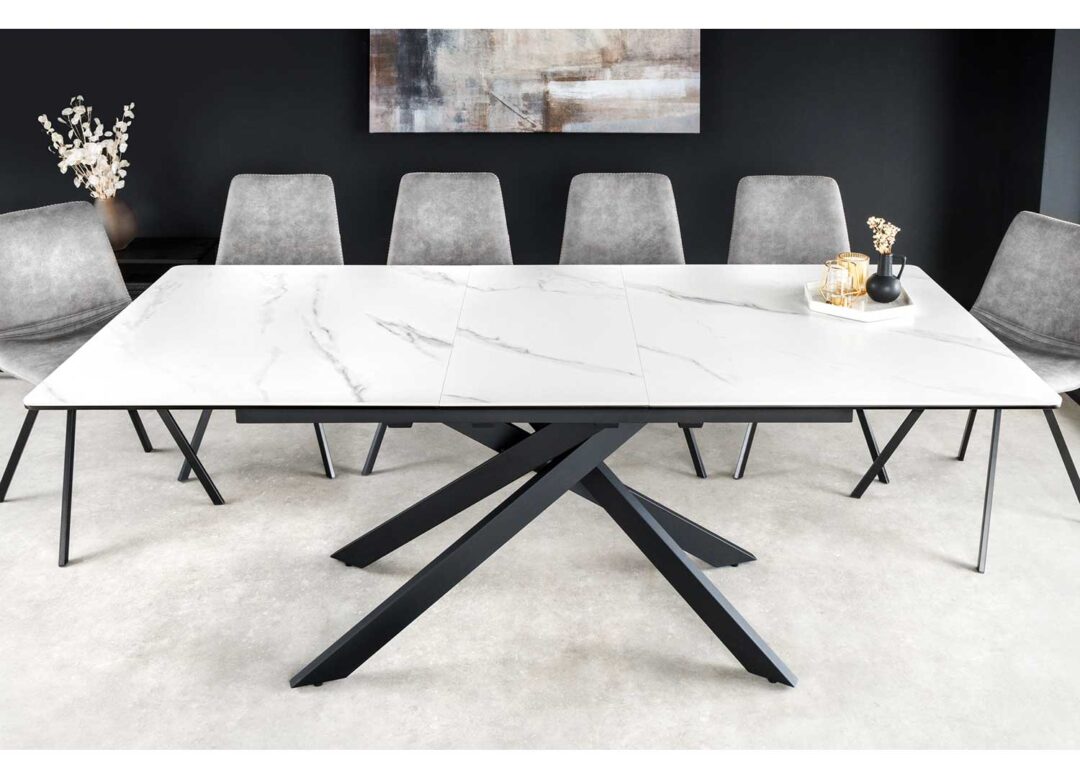 Table à manger extensible en céramique aspect marbre blanc moderne 160-200cm