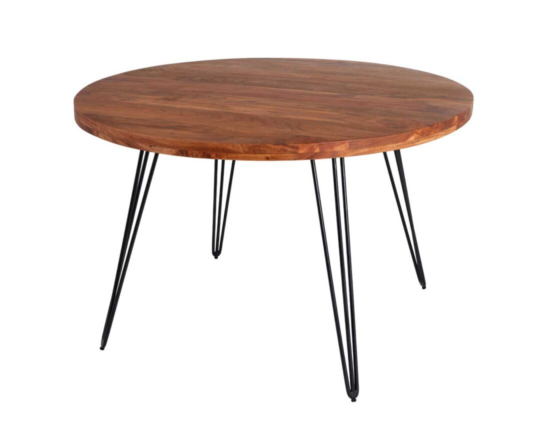 Table de repas ronde 120cm en bois d'acacia massif piétement en épingle noir