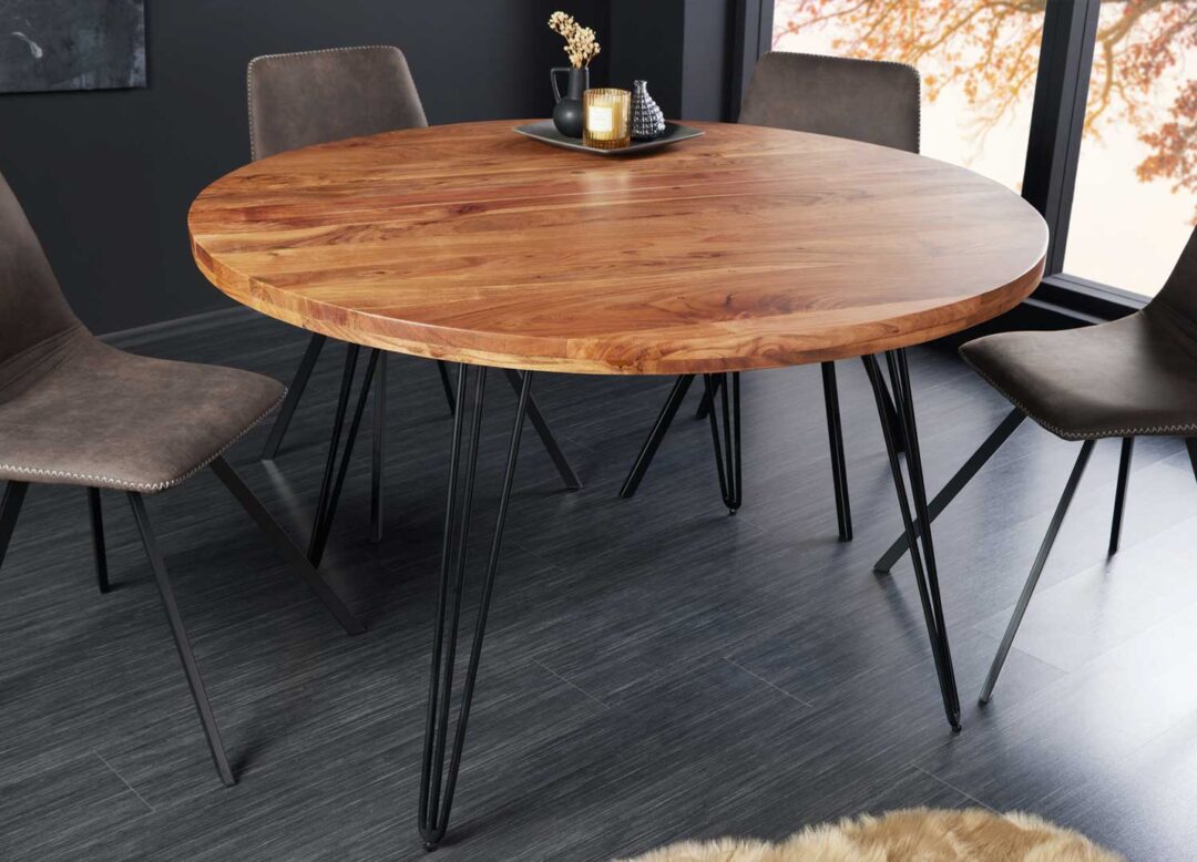 Table de repas ronde 120cm en bois d'acacia massif piétement en épingle noir
