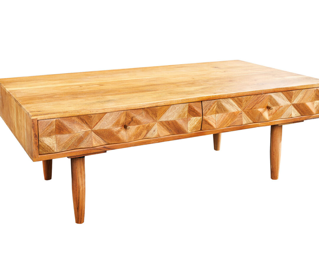 Table basse en bois d'acacia massif miel 100cm avec façades sculptées naturel