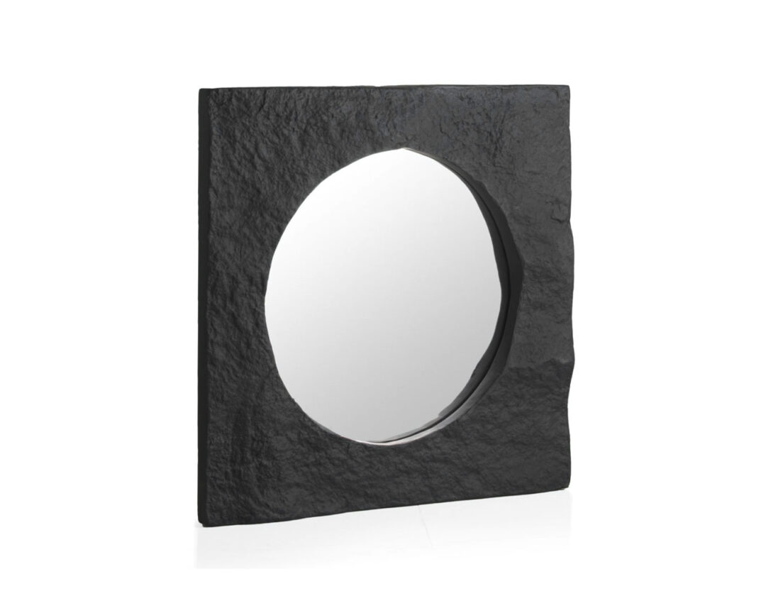 Miroir rond dans cadre carré en polyrésine aspect pierre noir