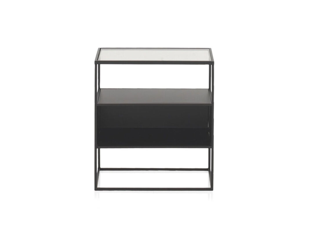 Table d'appoint ou table de chevet en métal noir et plateau en verre