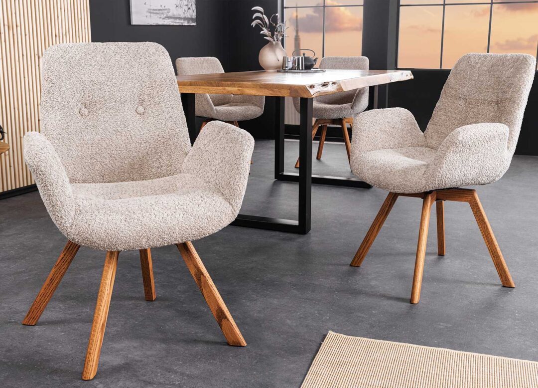 Lot de 2 chaises de salle à manger en tissu bouclé avec accoudoirs et pieds en bois de chêne