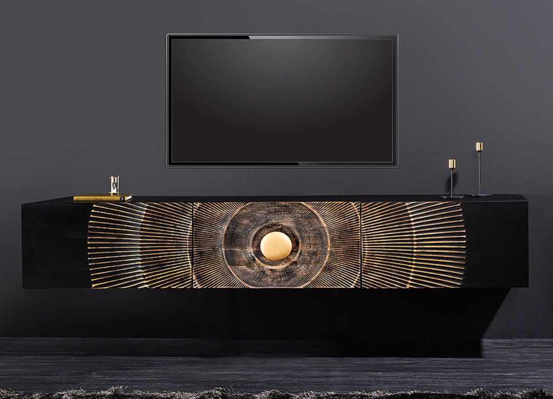 Meuble TV 160cm en bois de manguier massif décor soleil doré