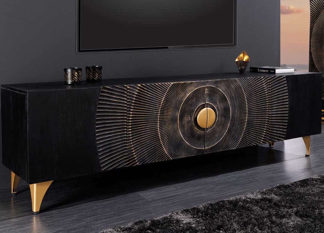 Meuble TV 4 portes 180cm en bois de manguier massif noir
