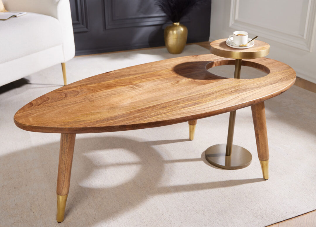 Table basse ovale en bois de manguier massif avec table d'appoint qui traverse la grande table