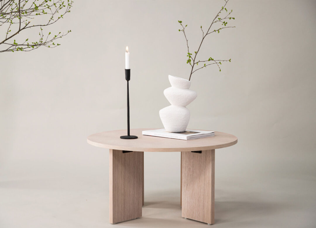 Table basse ronde de 80cm aspect bois blanchi moderne