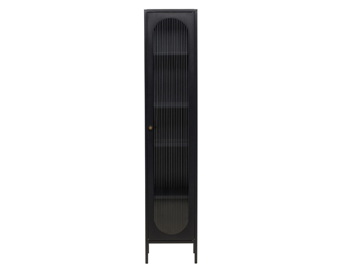 Vitrine haute de 180cm en métal noir avec 1 porte vitrée en verre strtié