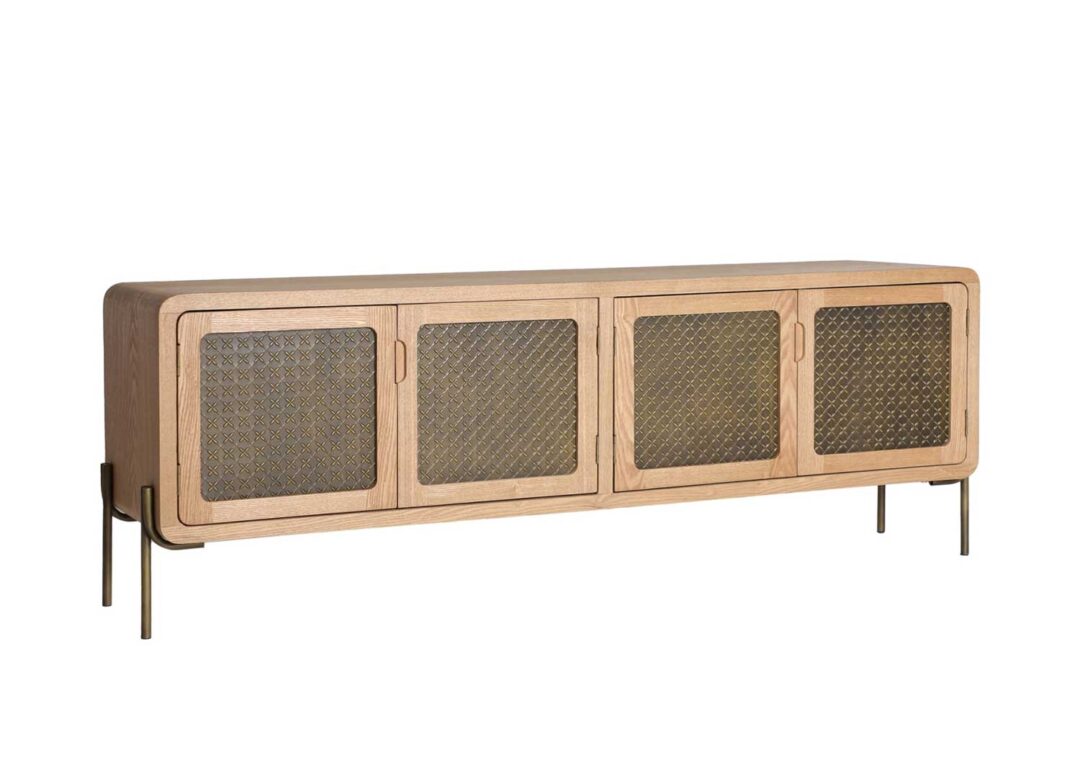 Meuble TV 4 portes bois de pin massif design naturel