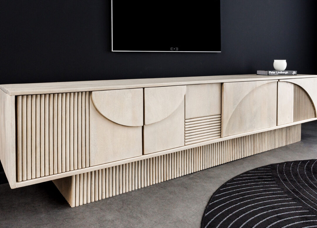 Meuble tv 200cm en bois de manguier et acacia blanchi à la chaux