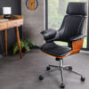 Chaise de bureau simili cuir noir et aspect bois de noyer