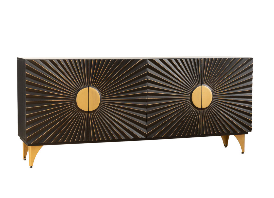 Buffet 4 portes en bois de manguier massif décor soleil radieux