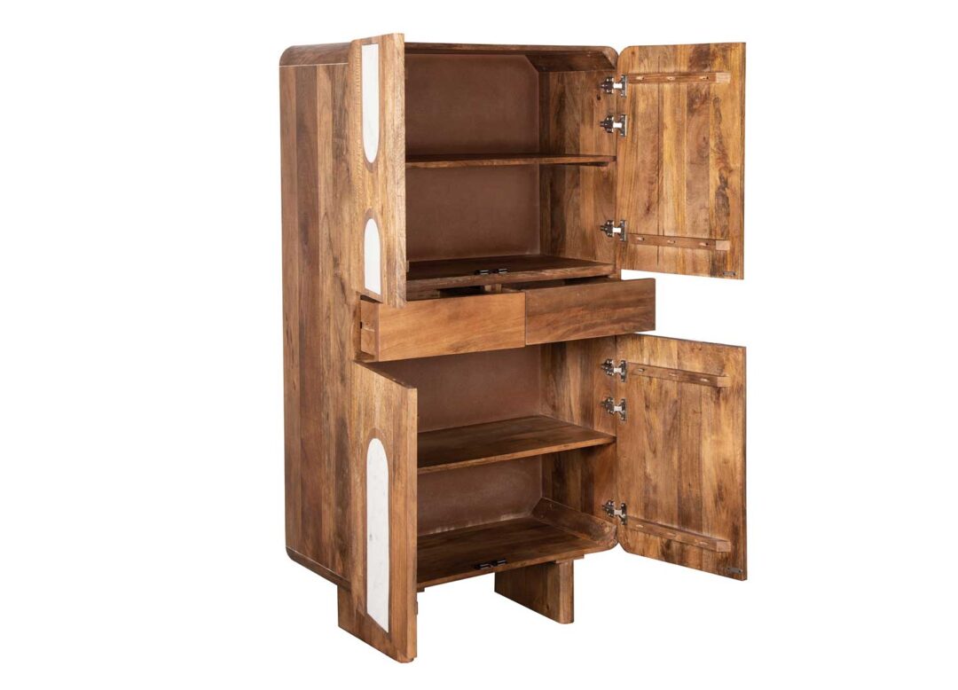 Buffet haut en bois massif et travertin blanc