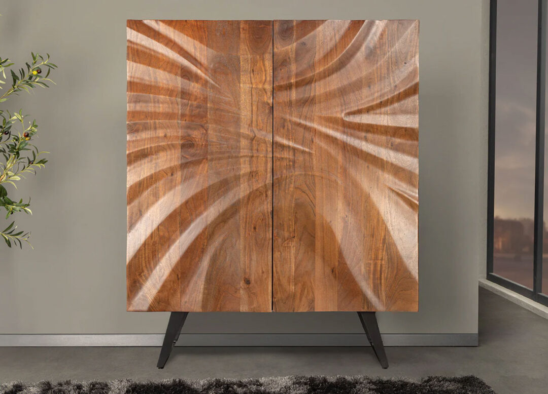 Nuffet haut de 120cm en bois d'acacia massif avec décor sculpté en façades