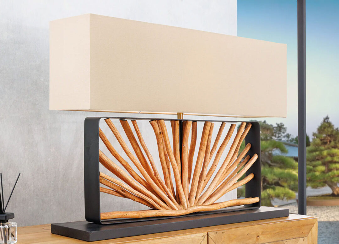Lampe de table en bois massif et lin beige
