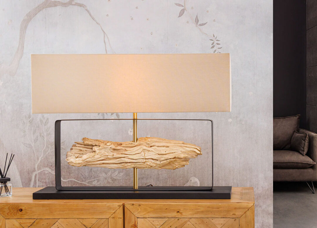 Lampe de table en lin beige avec socle en métal noir et base en bois de teck 60cm