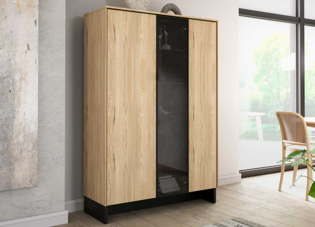 Meuble buffet haut vitré bois et noir design