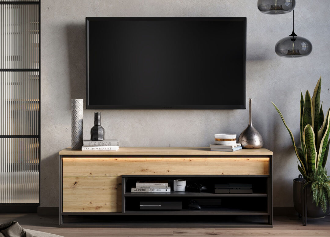 Meuble TV 155 cm bois et noir moderne