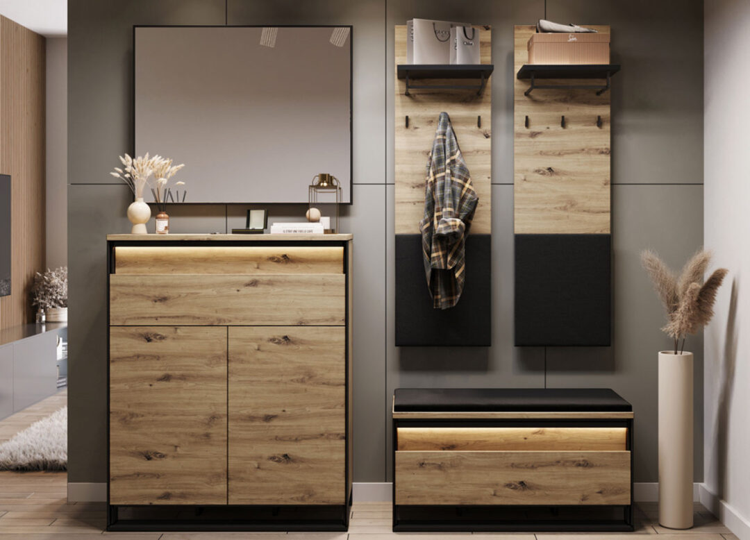 Ensemble de meubles d'entrée en bois et noir avec leds