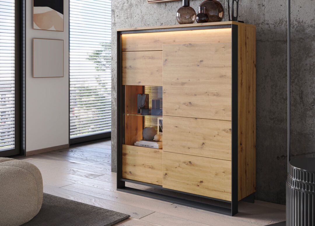 Vitrine bois et noir 140 cm de haut moderne