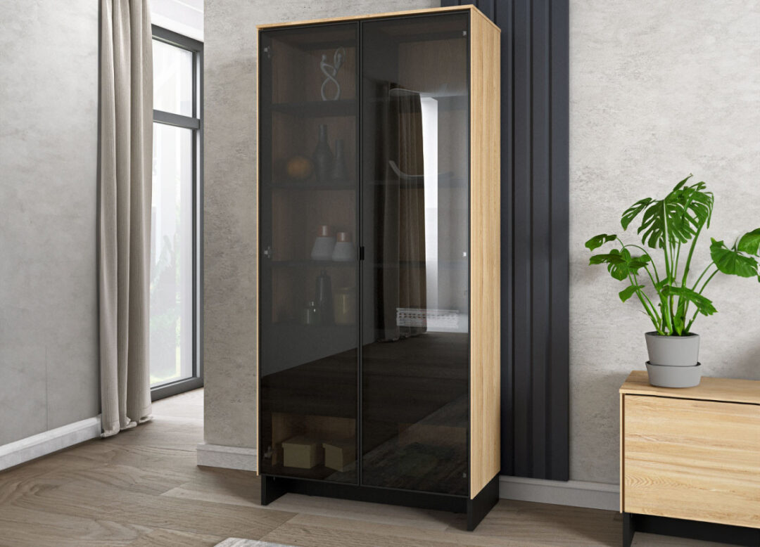 Vitrine haute bois et verre fumé