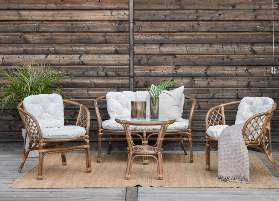 Salon de jardin bois de rotin avec coussins