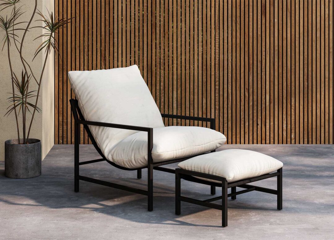 Fauteuil détente de jardin noir et blanc avec coussins